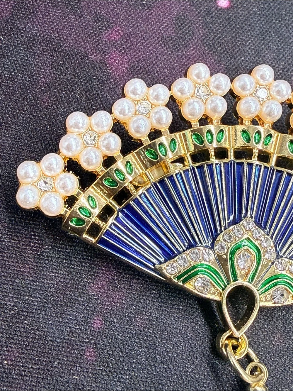 Gold-Tone Blue & Green Fan Brooch with Pearl Drop